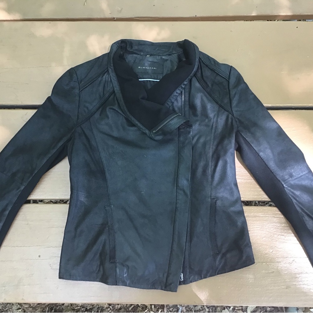 Elie Tahari Black Leather Moto Jacket Asymmetrical Zipper